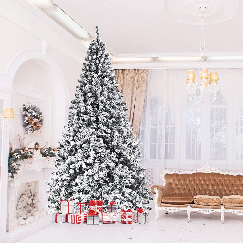 ReunionG 7.5FT Snow Christmas Tree, Artificial Flocked Hinged Pine Tree, Holiday Decoration Tree with Premium PVC Needles and Solid Metal Stand, Full Christmas Tree for Indoor Outdoor (7.5FT)