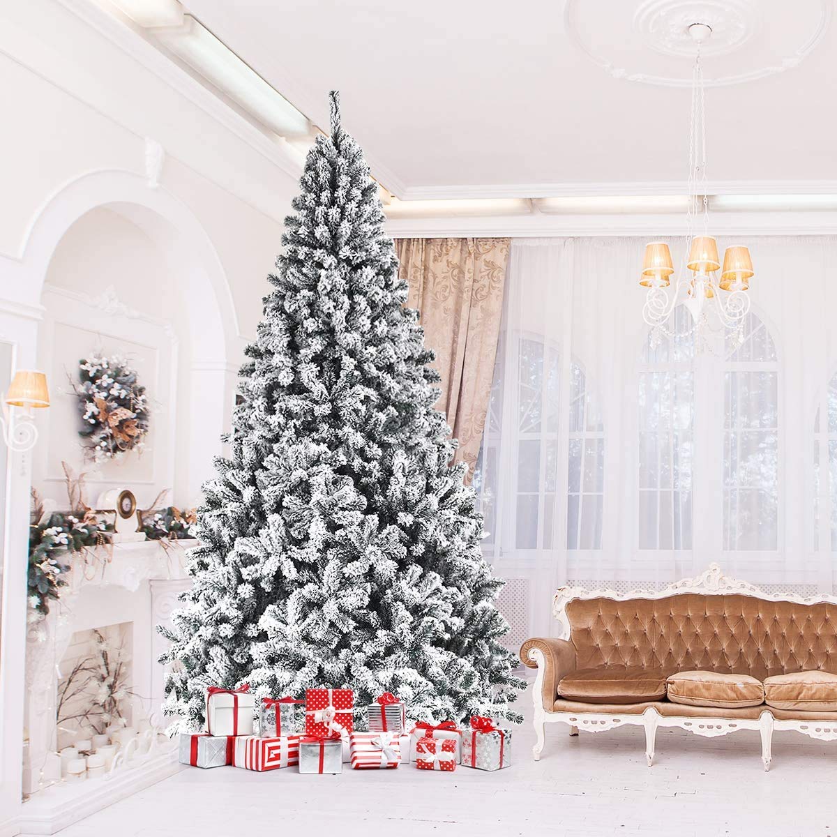 ReunionG 7.5FT Snow Christmas Tree, Artificial Flocked Hinged Pine Tree, Holiday Decoration Tree with Premium PVC Needles and Solid Metal Stand, Full Christmas Tree for Indoor Outdoor (7.5FT)
