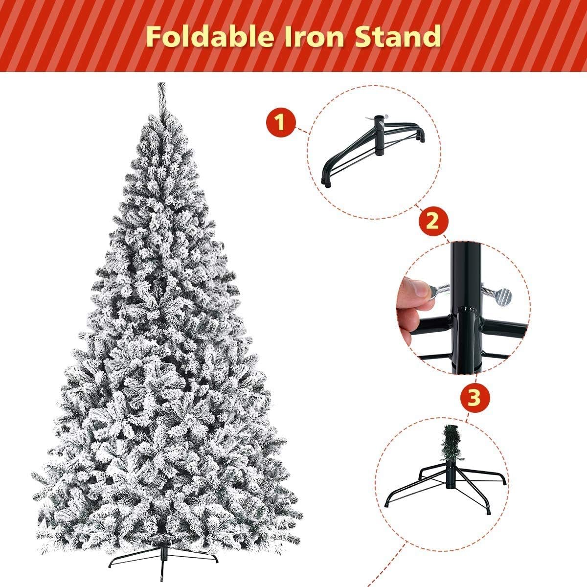 ReunionG 7.5FT Snow Christmas Tree, Artificial Flocked Hinged Pine Tree, Holiday Decoration Tree with Premium PVC Needles and Solid Metal Stand, Full Christmas Tree for Indoor Outdoor (7.5FT)