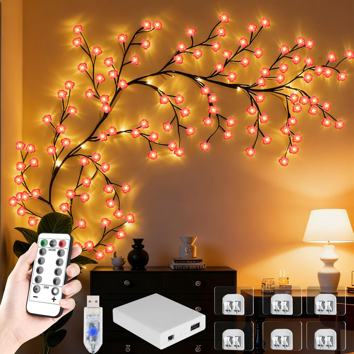 7.55FT 144LED Pink Cherry Blossom Tree Branch Lights for Wall Battery Box