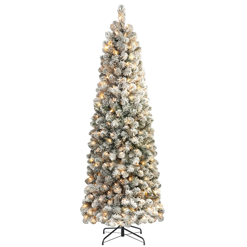 SHareconn 7ft Prelit Snow Flocked Artificial Slim Pencil Christmas Tree
