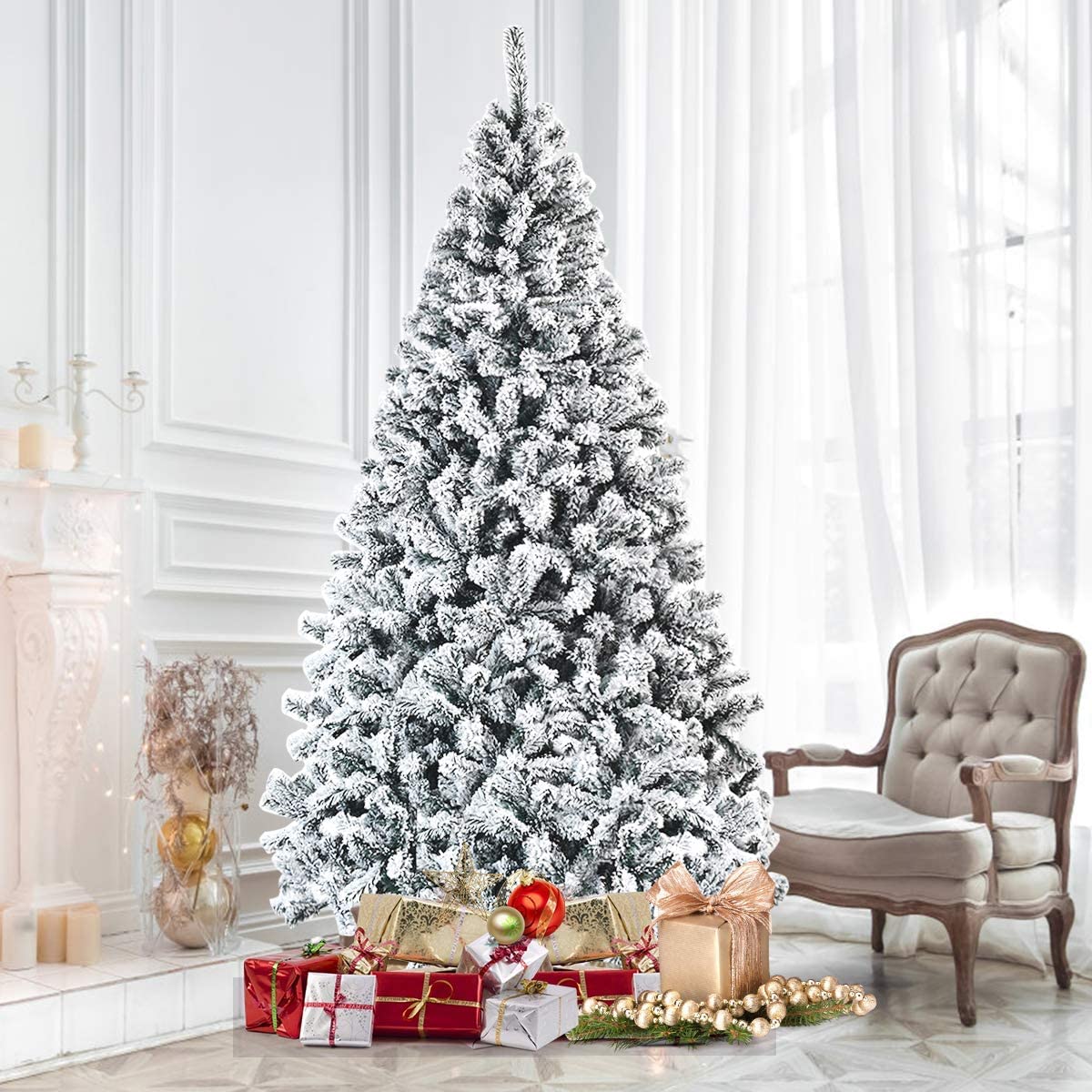 ReunionG 7.5FT Snow Christmas Tree, Artificial Flocked Hinged Pine Tree, Holiday Decoration Tree with Premium PVC Needles and Solid Metal Stand, Full Christmas Tree for Indoor Outdoor (7.5FT)