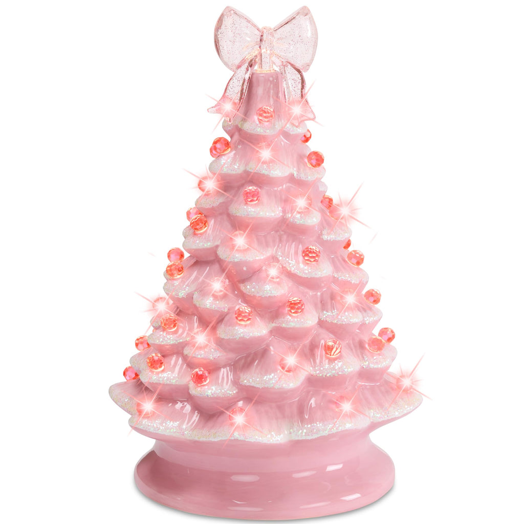 Best Choice Products 15in Ceramic Christmas Tree, Pre-lit Hand-Painted Tabletop Holiday Tree, 2 Star Toppers, 64 Lights - Gingerbread w/White Bulbs