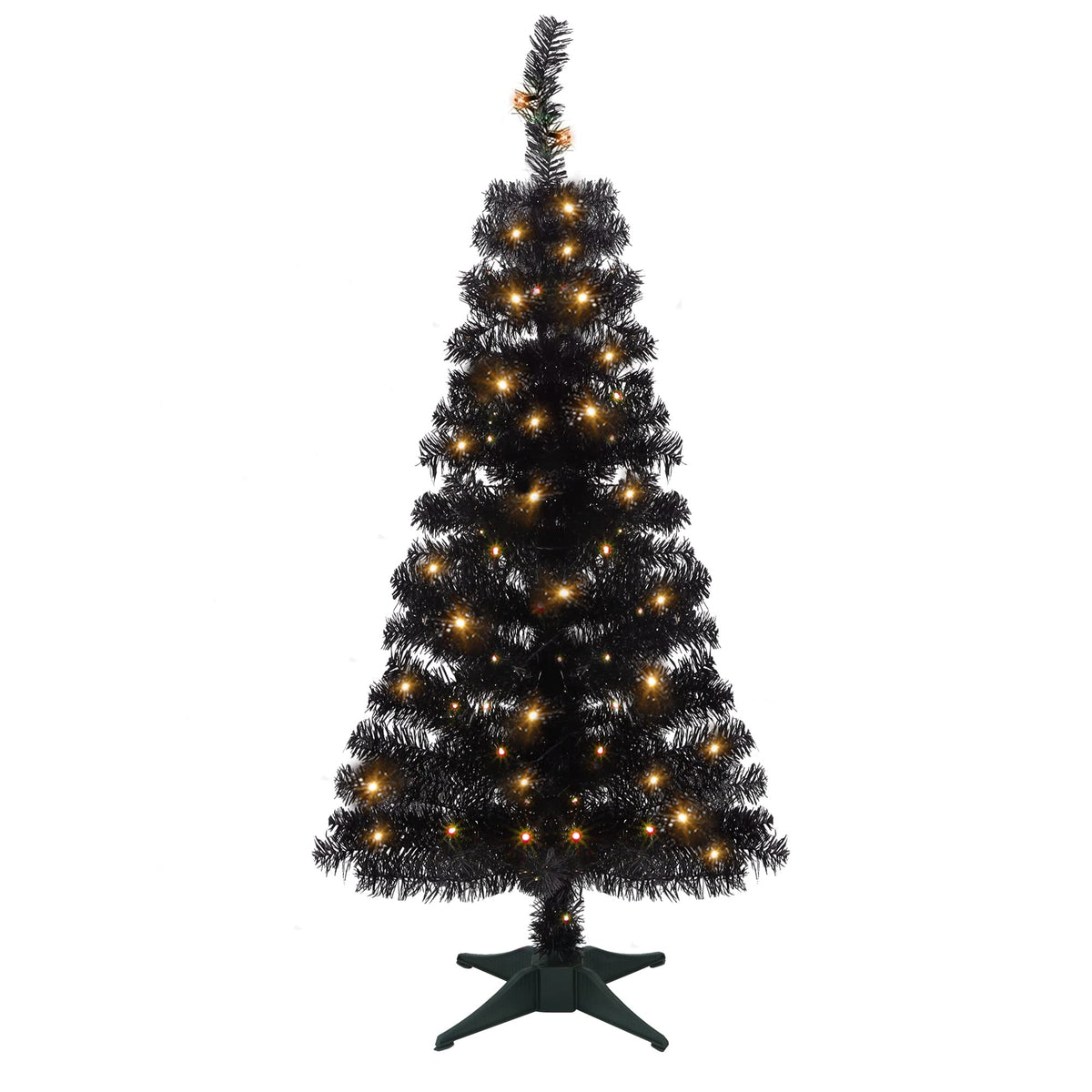 Juegoal Lighted Artificial Halloween Black Christmas Tree, 4FT Black Tinsel Pine Tree with 70 LED Purple Lights, 8 Modes & Timer for Home Party Decorations