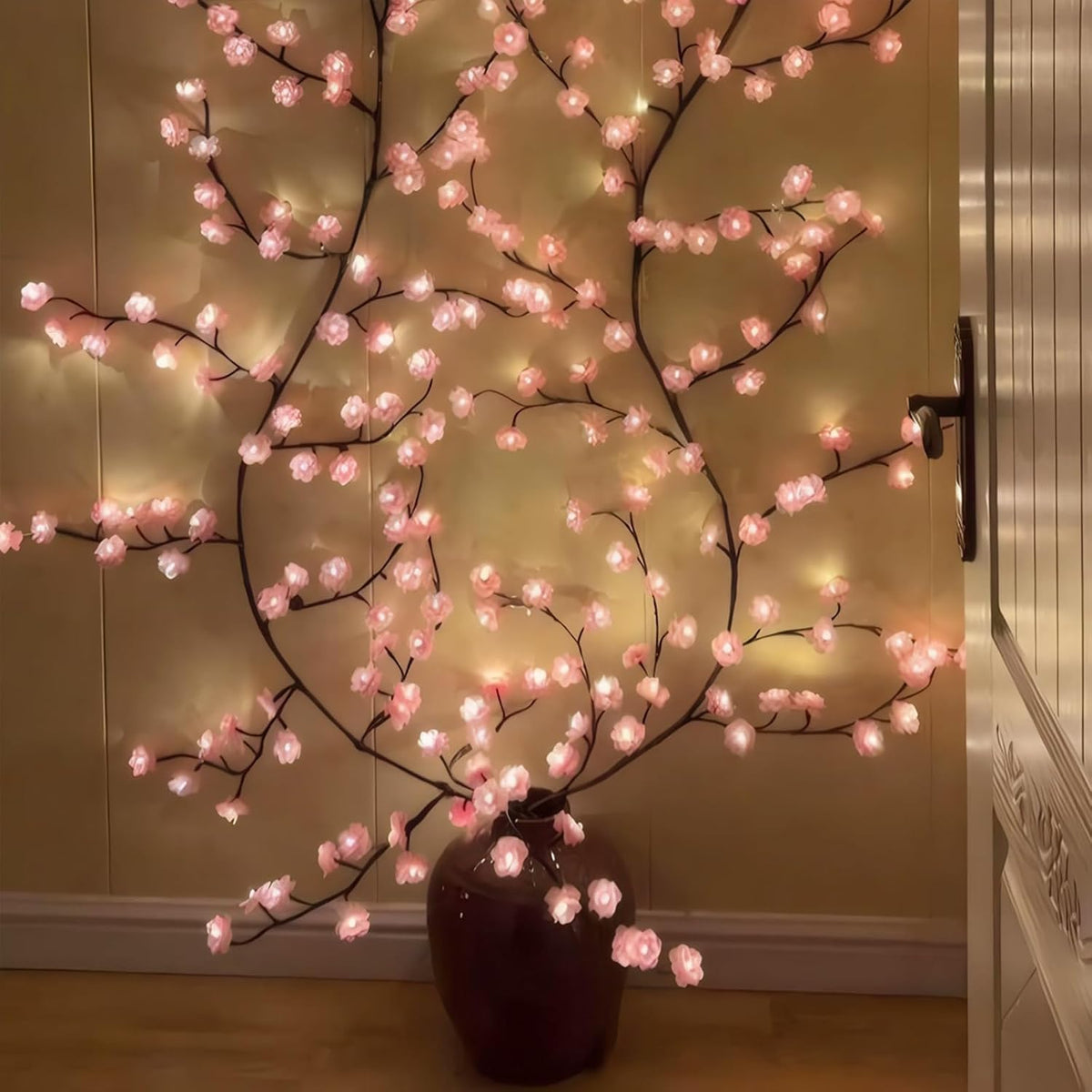 Cherry LED Tree Branch Lights for Wall, Cherry Blossom Willow Vine Twig Decor Garland with 48 LED Lights and Remote,8 Lighting Modes,Christmas Decorations Indoor for Home Wall Door Window (47inch)