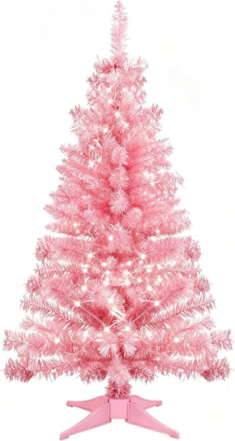 3FT Pink Mini Christmas Tree with Lights - Hinged Small Artificial Xmas Tree - Includes 50 LED String Light, 160 Tips Dense Branches & Detachable Stand - Pink Christmas Decoration Tree for Holiday