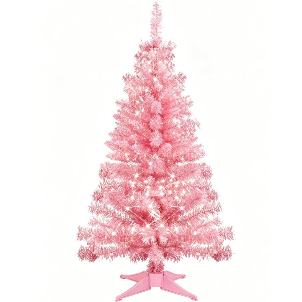 3FT Pink Mini Christmas Tree with Lights - Hinged Small Artificial Xmas Tree - Includes 50 LED String Light, 160 Tips Dense Branches & Detachable Stand - Pink Christmas Decoration Tree for Holiday