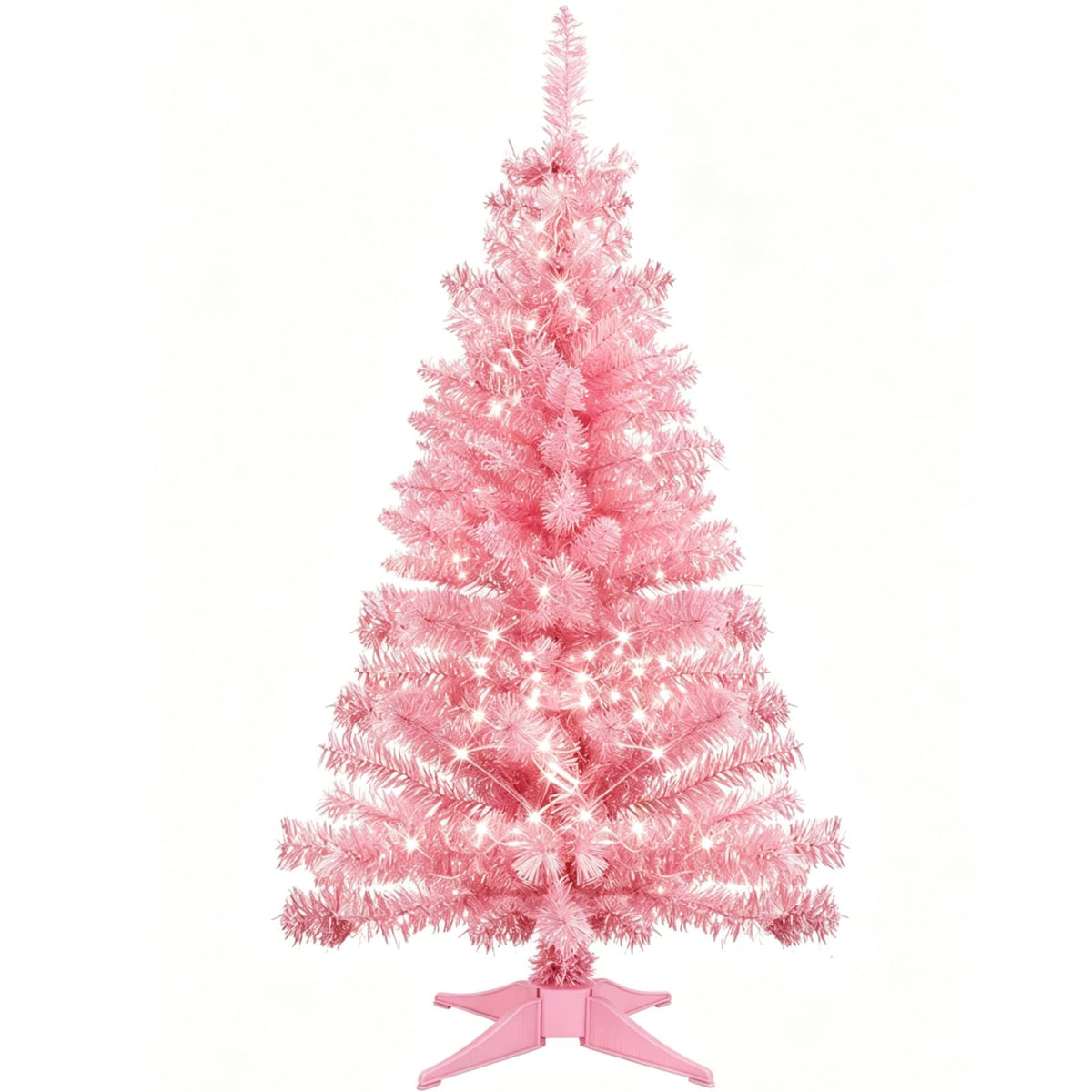 3FT Pink Mini Christmas Tree with Lights - Hinged Small Artificial Xmas Tree - Includes 50 LED String Light, 160 Tips Dense Branches & Detachable Stand - Pink Christmas Decoration Tree for Holiday