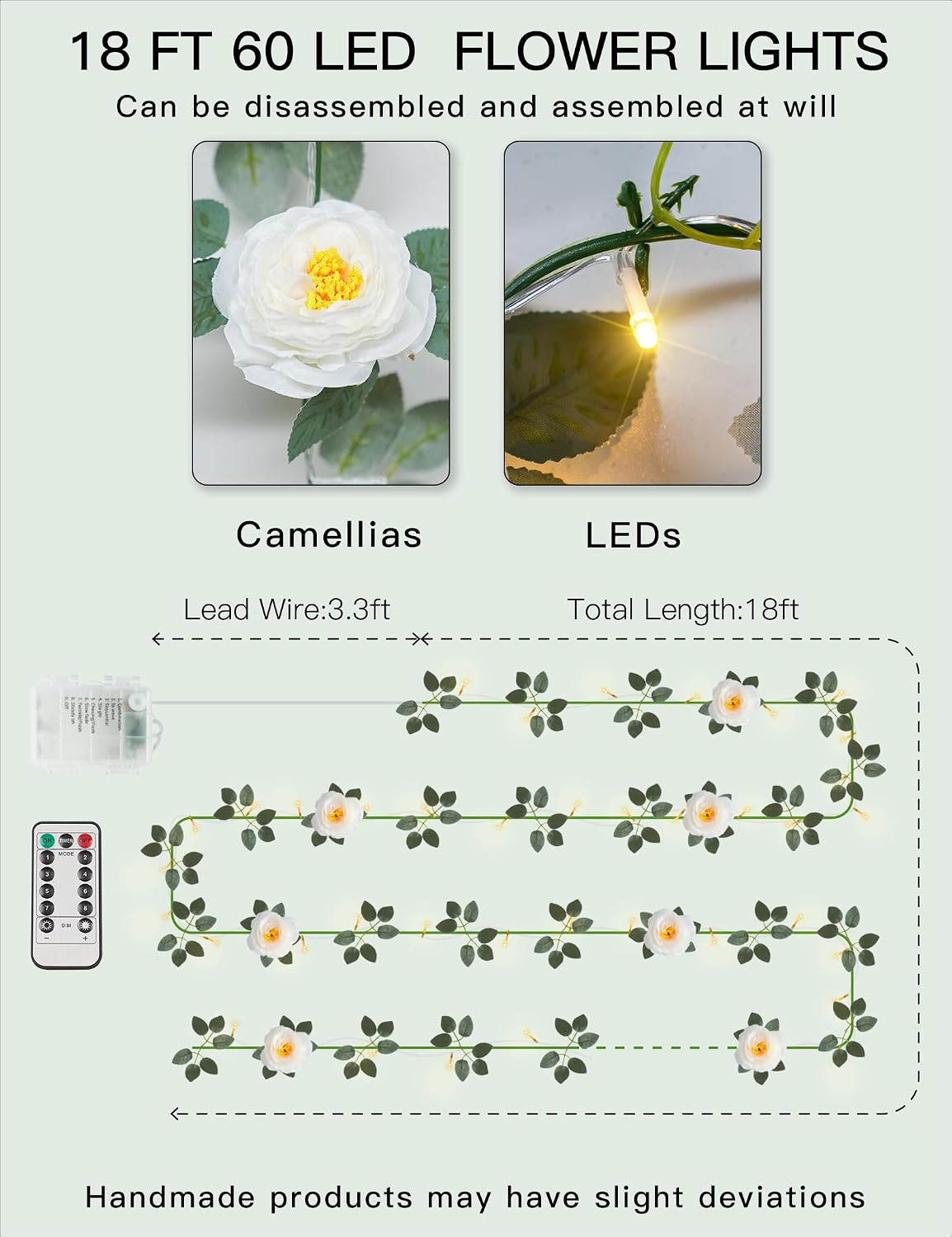 suddus 60LED Garland with White Camellia Lights Battery Operated Clear Wire