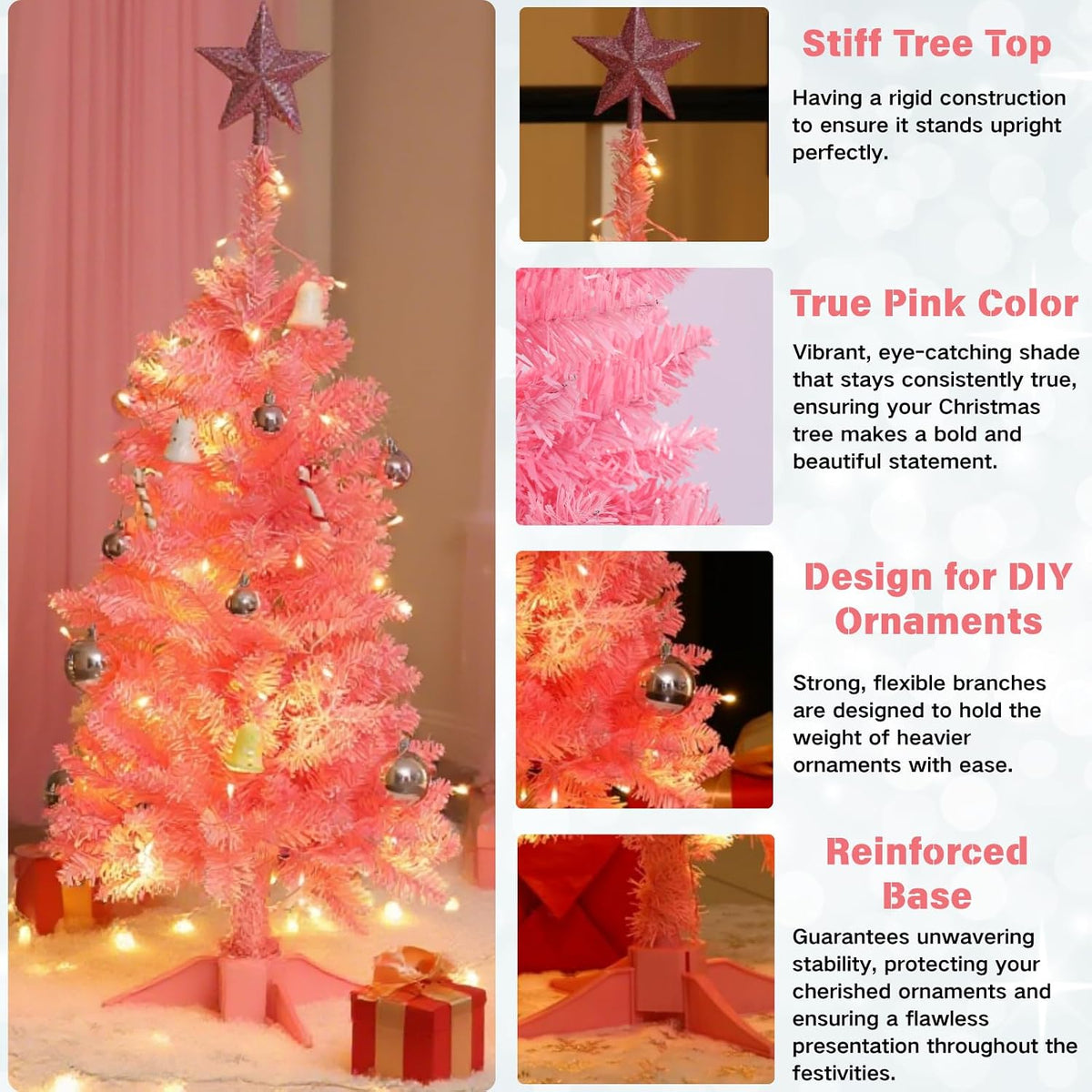 3FT Pink Mini Christmas Tree with Lights - Hinged Small Artificial Xmas Tree - Includes 50 LED String Light, 160 Tips Dense Branches & Detachable Stand - Pink Christmas Decoration Tree for Holiday