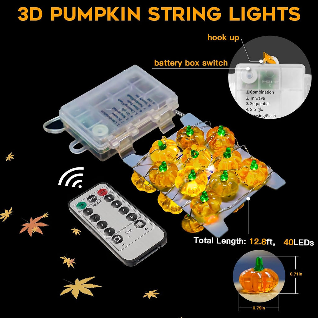 suddus 12.8ft 40 LED Halloween Pumpkin Lights Battery Operated Timer