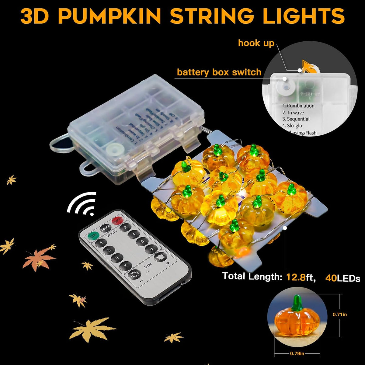 suddus 12.8ft 40 LED Halloween Pumpkin Lights Battery Operated Timer