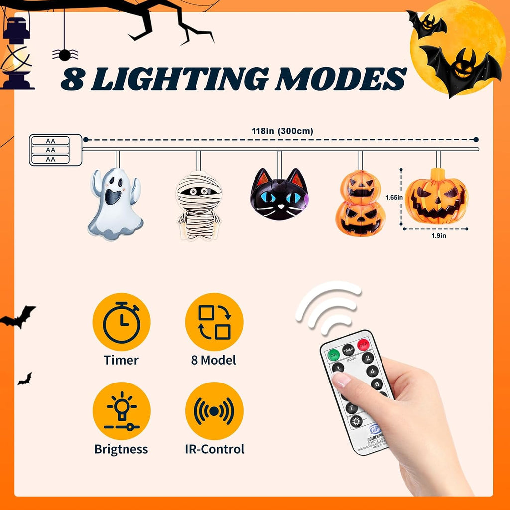 Halloween String Lights Indoor: 9.84 FT 20 LED Battery Operated Pumpkin Ghost Cat Lighted Decorations – 8 Modes Waterproof Timer for Window Porch House Room Bedroom Party Decor
