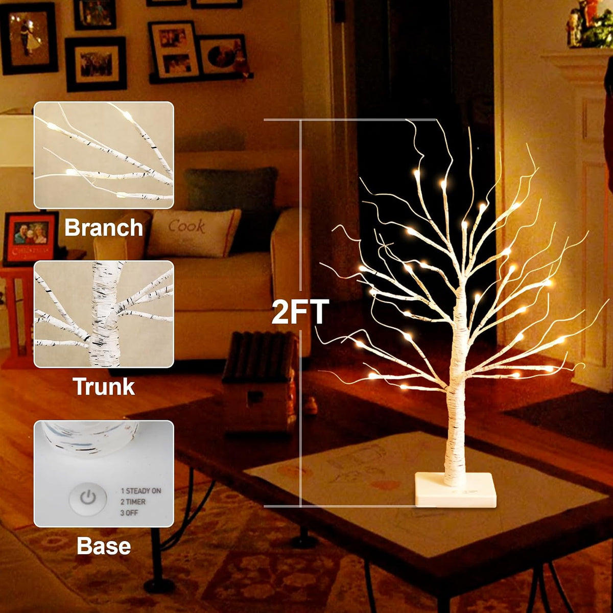 White Birch Tree with LED Lights, Lighted Birch Tree for Tabletop, USB/Battery Operated 24 LED Warm White Tree, 2FT Mini Christmas Tree Decor for Indoor Home Christmas Decorations (2 Pack, Timer)