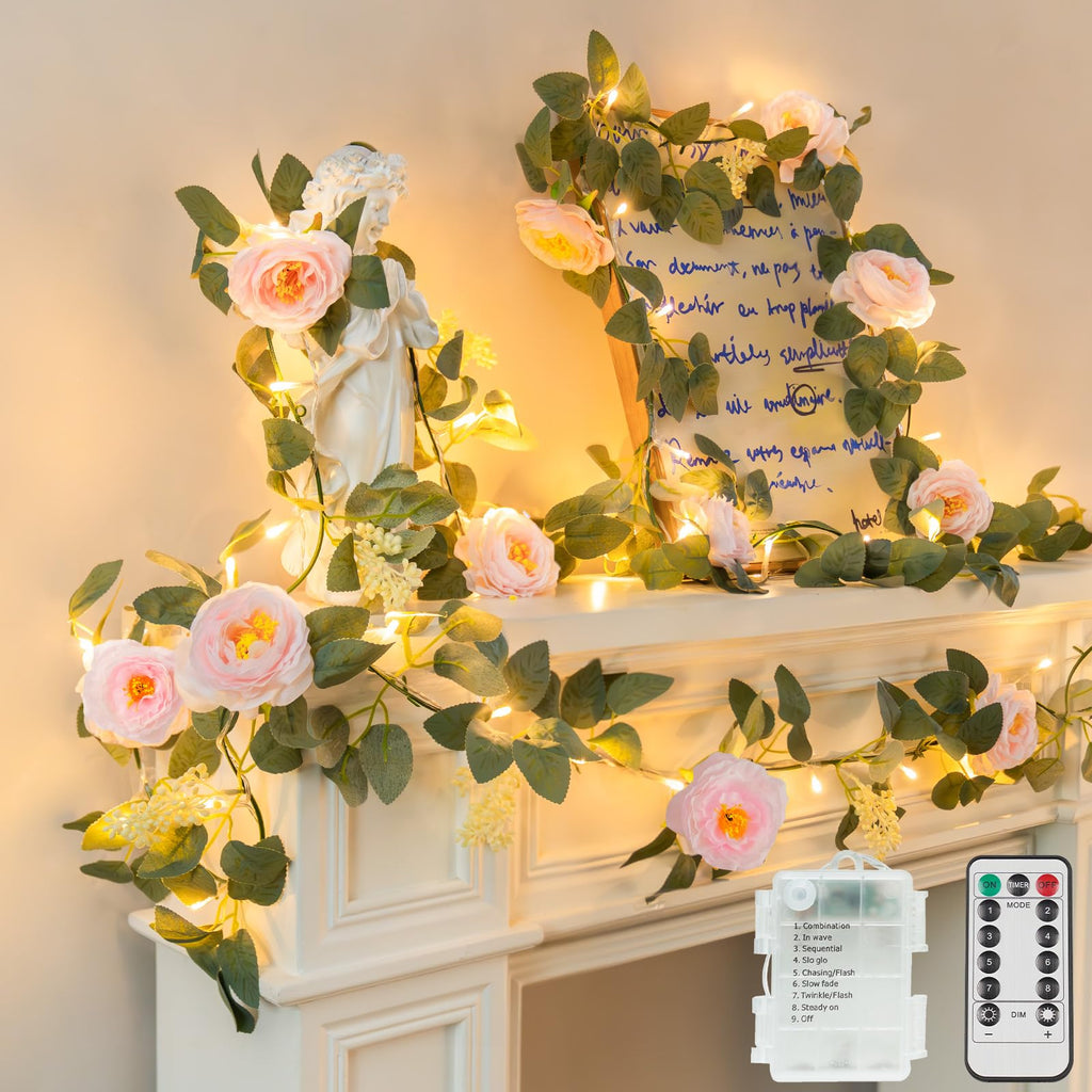 suddus 60LED Garland with White Camellia Lights Battery Operated Clear Wire