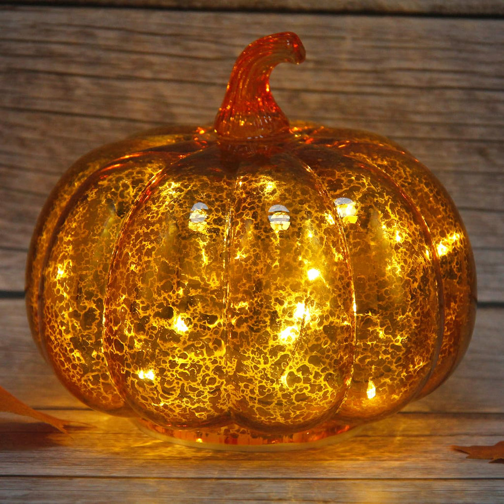 Fall Decorations for Home,Mercury Glass Pumpkin Lights with Timer(Gold)