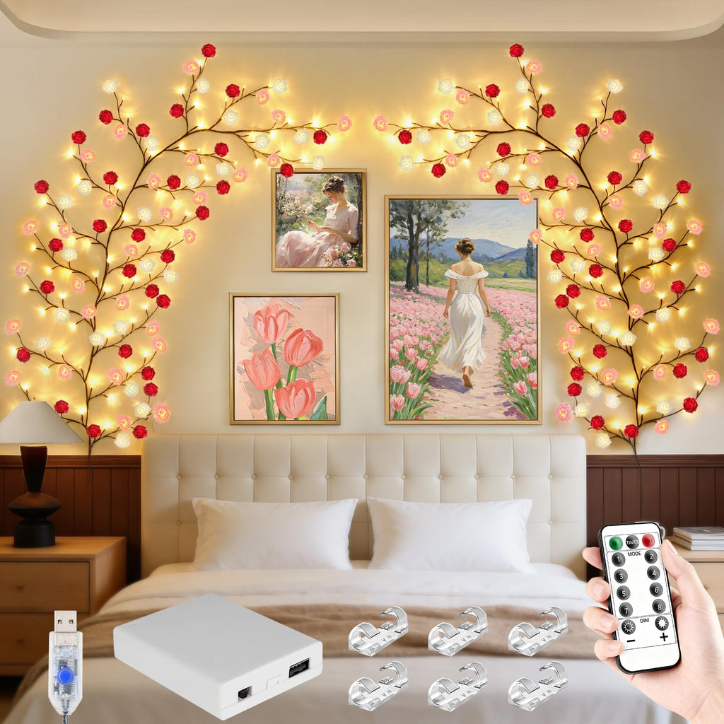 7.55FT 144LED Pink Cherry Blossom Tree Branch Lights for Wall Battery Box