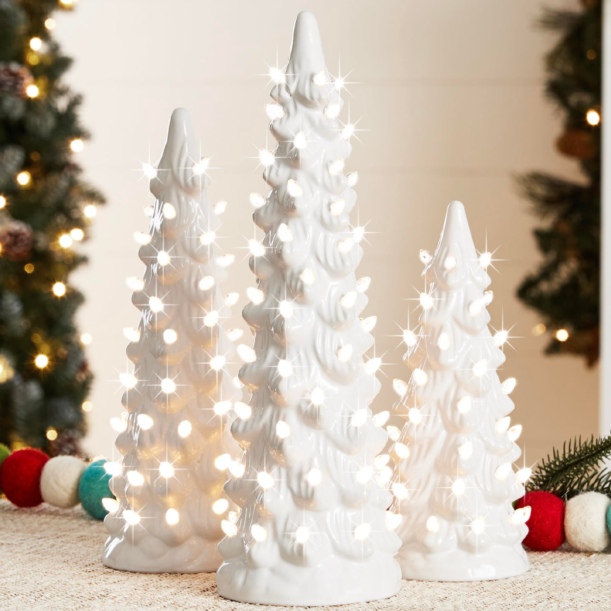 Best Choice Products Set of 3 Ceramic Christmas Trees, Pre-Lit Hand-Painted Tabletop Holiday Decoration w/Multicolor Bulbs, LED Lights – Green