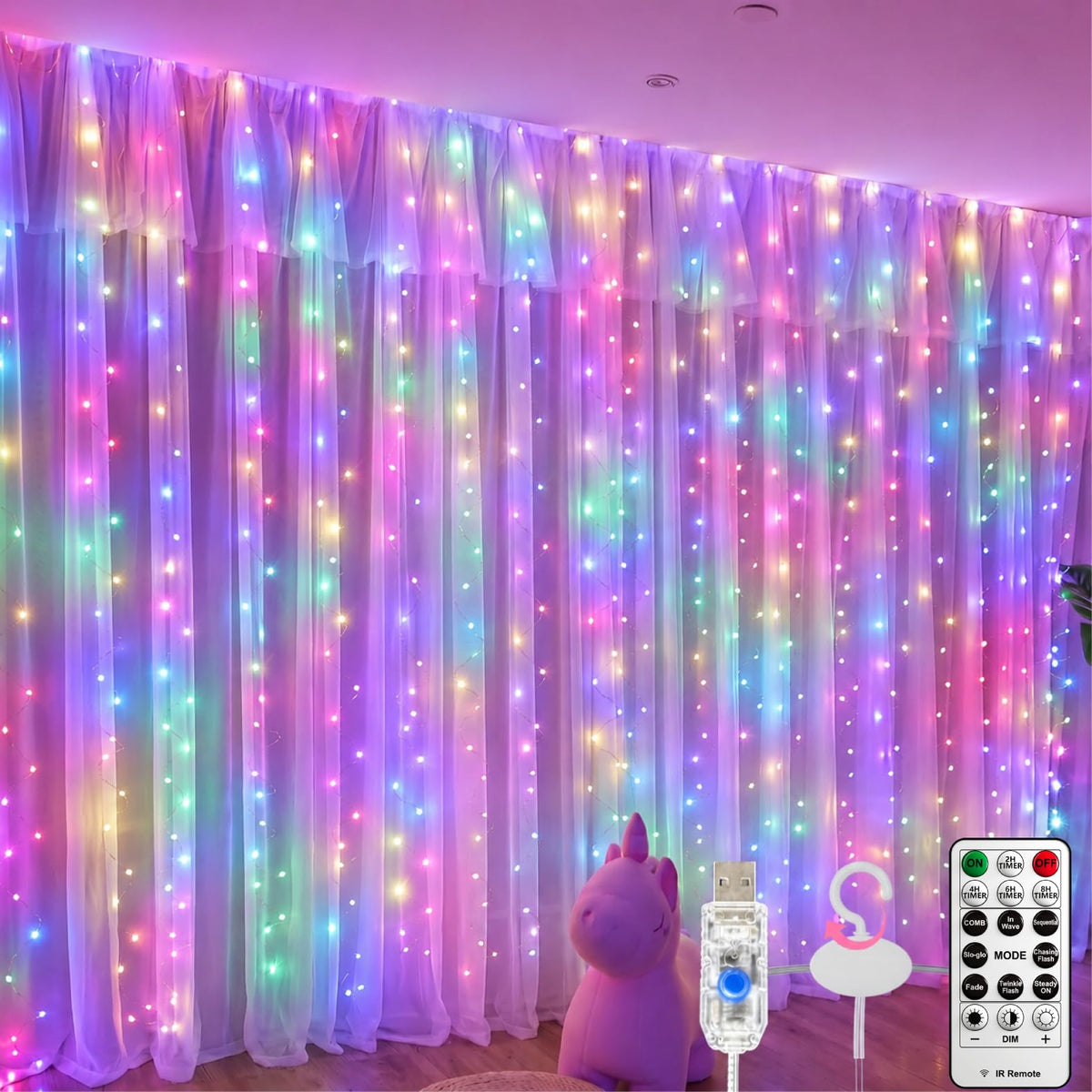 Fairy Curtain Light, 300LED 9.8x9.8ft, Remote & 8 Modes, USB