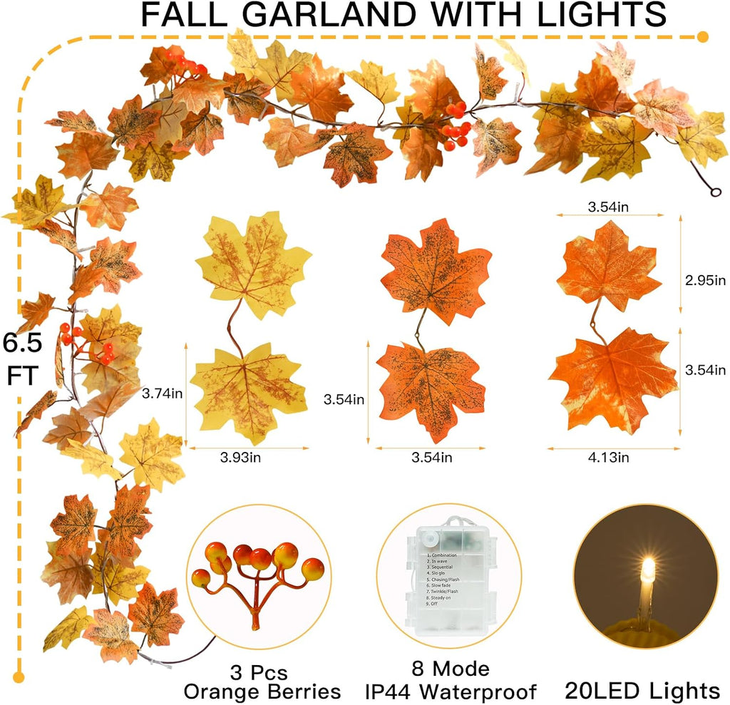 suddus 20 LED Fall Leaves Garland with Lights Battery Operated Timer Yellow