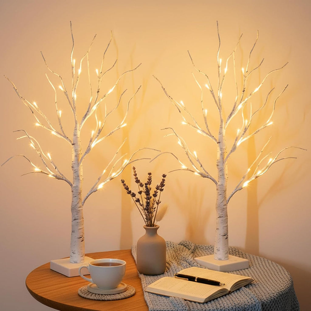 EAMBRITE Lighted Birch Tree Home Decor, Christmas Decorations Indoor 2Pack 24 LED Light Up Tabletop Mini Small Artificial White Trees Lamp with Lights Battery Operated/USB for Table Mantel (2FT)