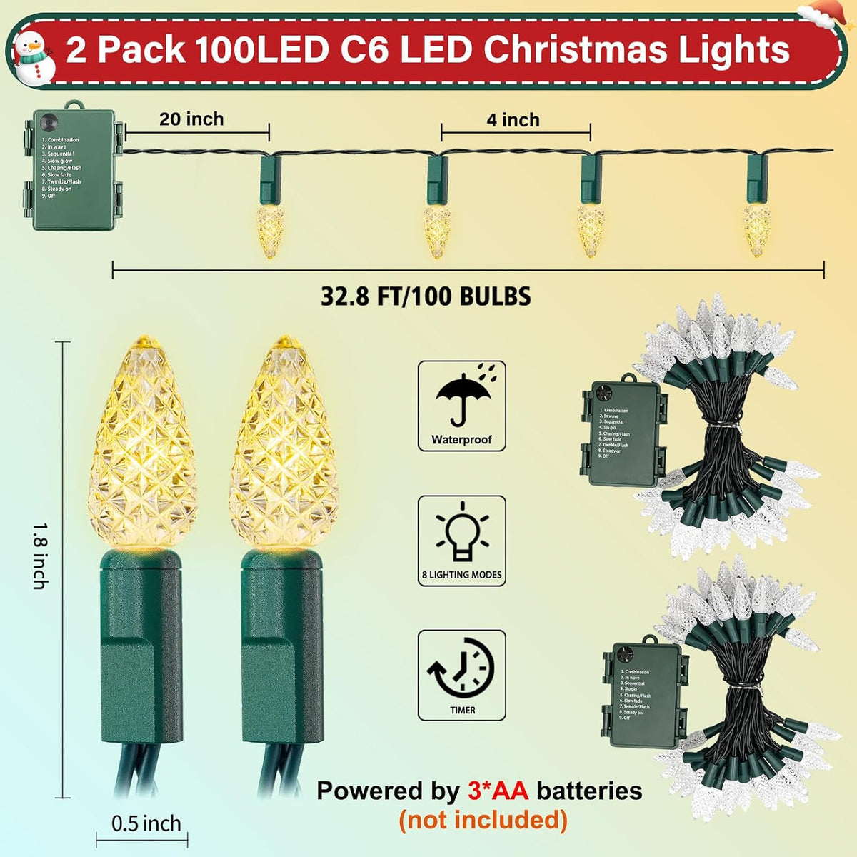 C6 Christmas String Lights Fairy Lights, 35.4FT Battery Operated Lights Christmas Decor Warm