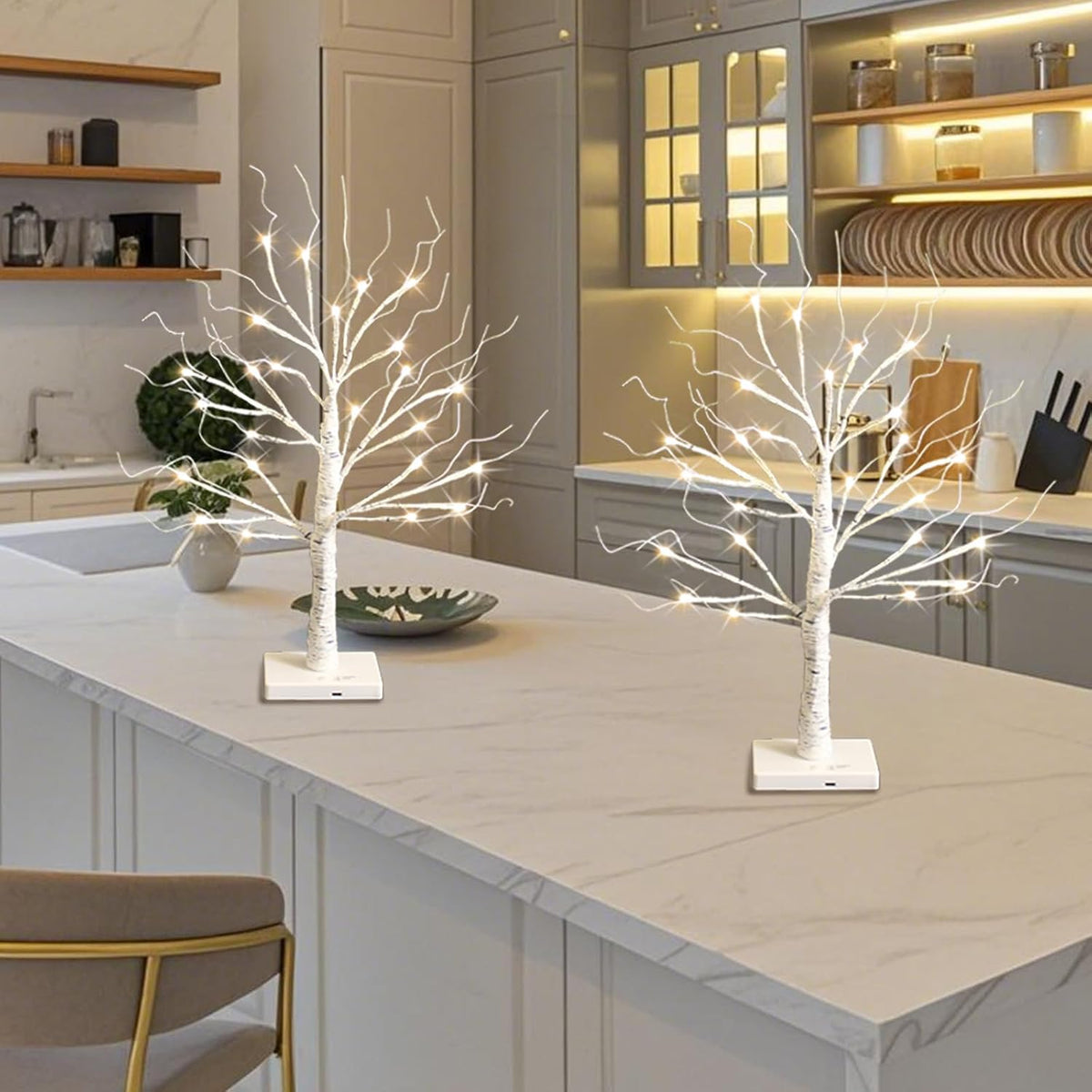 White Birch Tree with LED Lights, Lighted Birch Tree for Tabletop, USB/Battery Operated 24 LED Warm White Tree, 2FT Mini Christmas Tree Decor for Indoor Home Christmas Decorations (2 Pack, Timer)