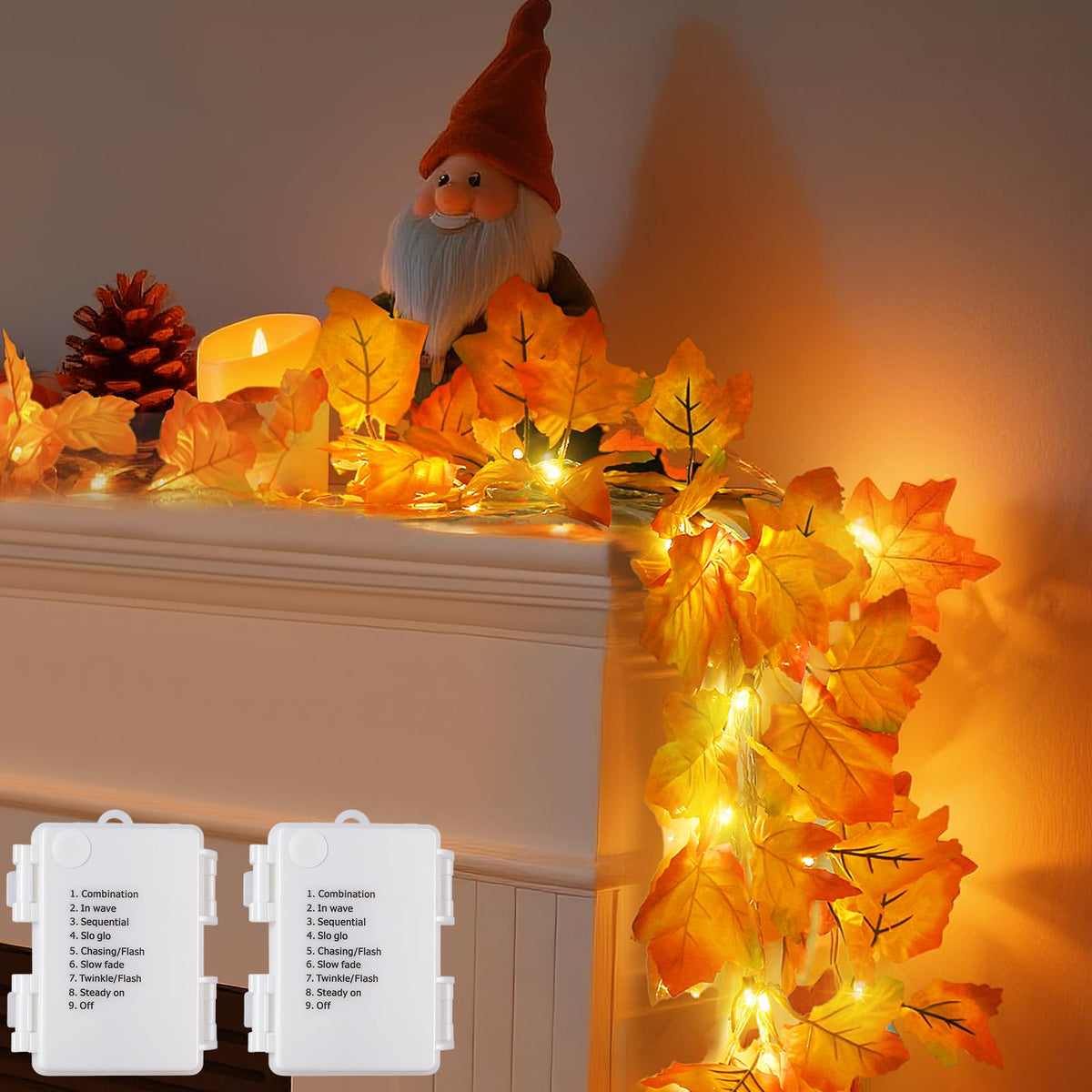 8 Modes & Timer Fall Decor Garland with Lights, 14.7ft/40LED String Lights