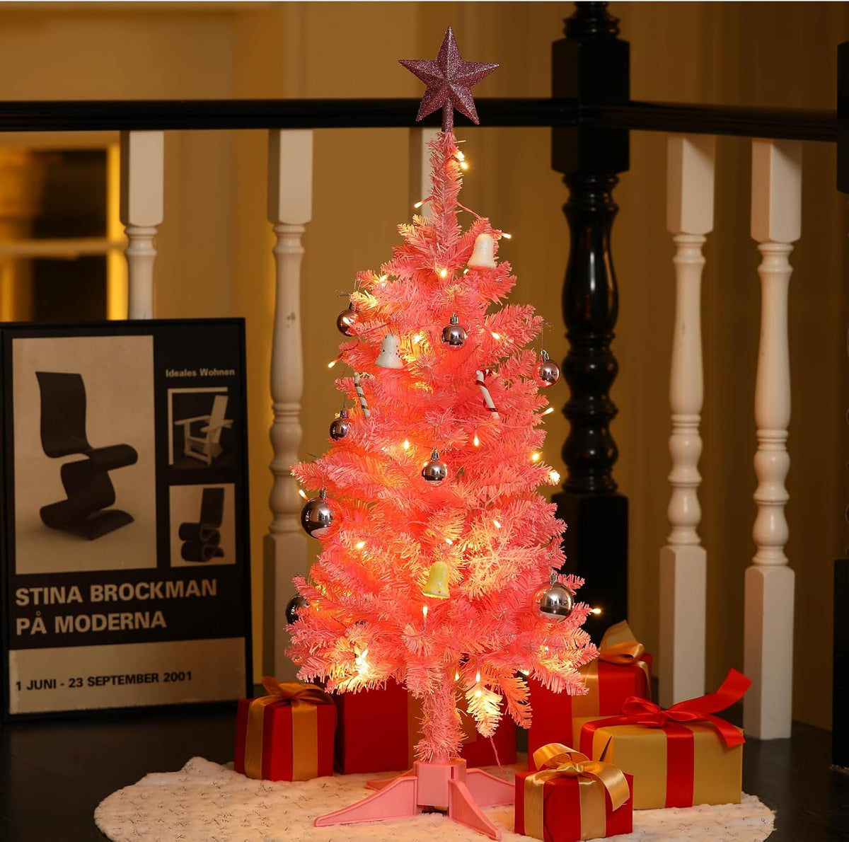 3FT Pink Mini Christmas Tree with Lights - Hinged Small Artificial Xmas Tree - Includes 50 LED String Light, 160 Tips Dense Branches & Detachable Stand - Pink Christmas Decoration Tree for Holiday
