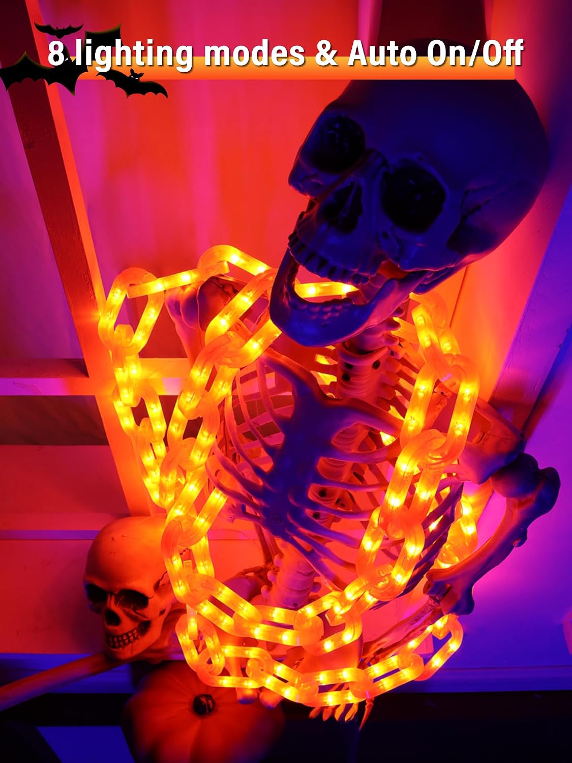 Solar Halloween Chain Lights, 10 FT 160 LED Orange Light-Up 8 Modes Memory