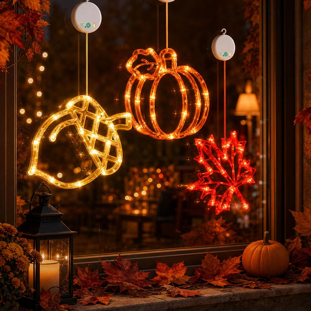 LOLStar Acorn Maple Leaves Pumpkin Thanksgiving Lights, 3 Pack Rechargeable