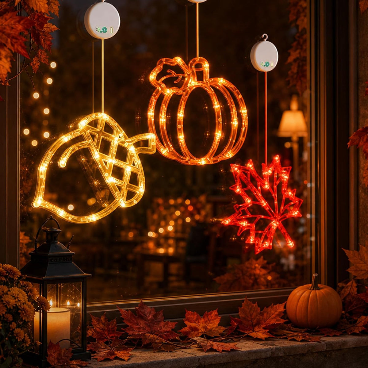 LOLStar Acorn Maple Leaves Pumpkin Thanksgiving Lights, 3 Pack Rechargeable