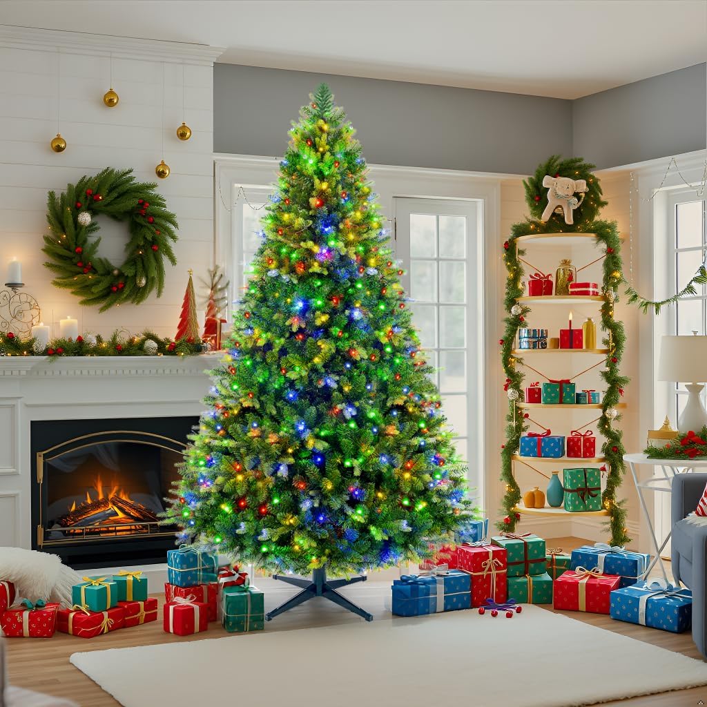 360° Rotating Prelit Christmas Tree 6.5ft - Musical Artificial Christmas Tree with Remote Control, 1036 PE & PVC Mixed Tips, 8 Modes 340 Multicolor LED Lights for Holiday Decor