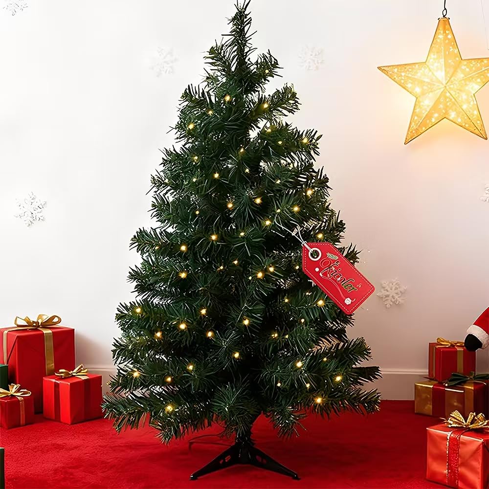Okicoler Christmas Tree, 3ft Pre-Lit Green Tree with 125 Branch Tips & 50 Adjustable Multicolor Lights, Metal Hinges, Foldable Base, Easy Assembly Holiday Decor for Home, Office & Party