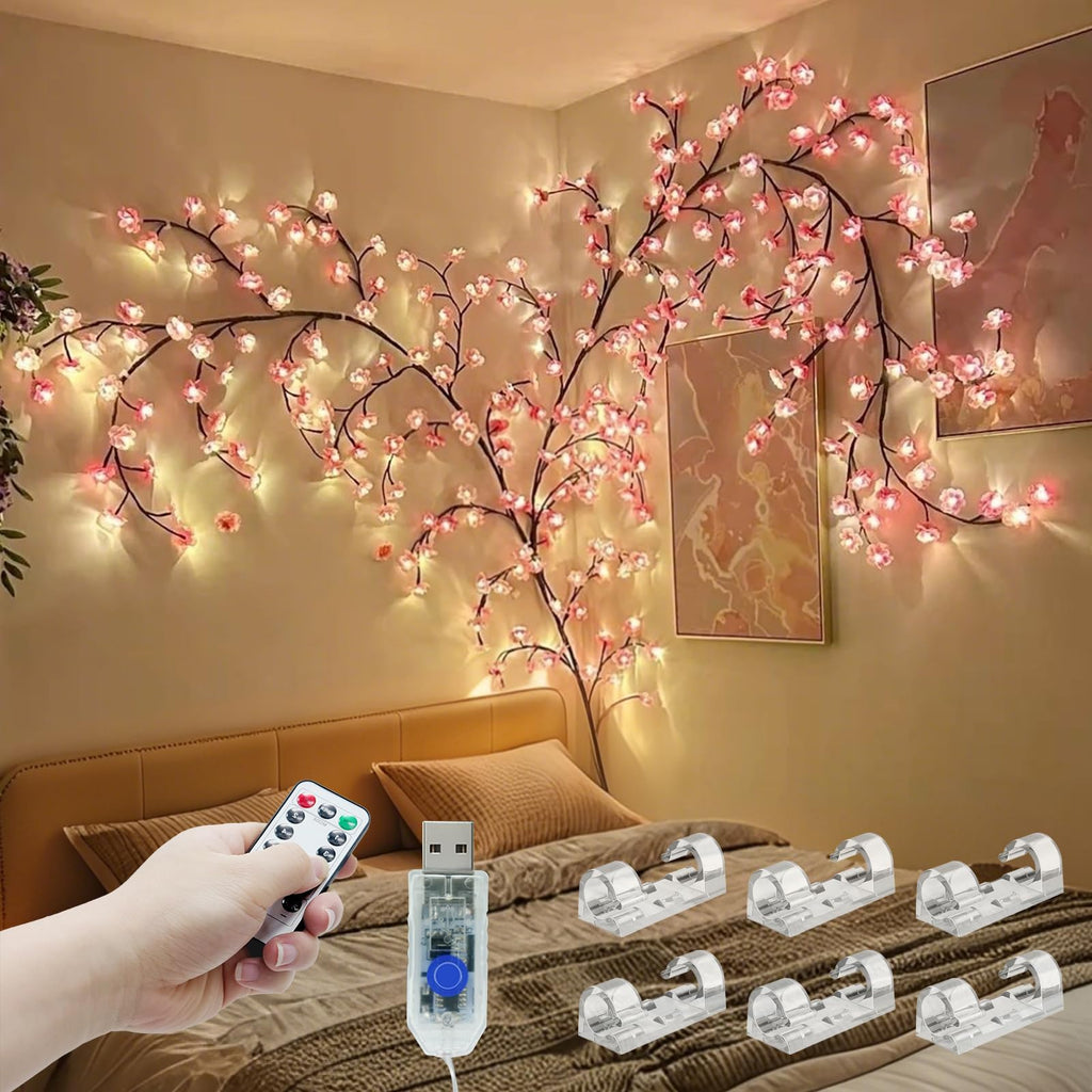 7.55FT 144LED Pink Cherry Blossom Tree Branch Lights for Wall Battery Box