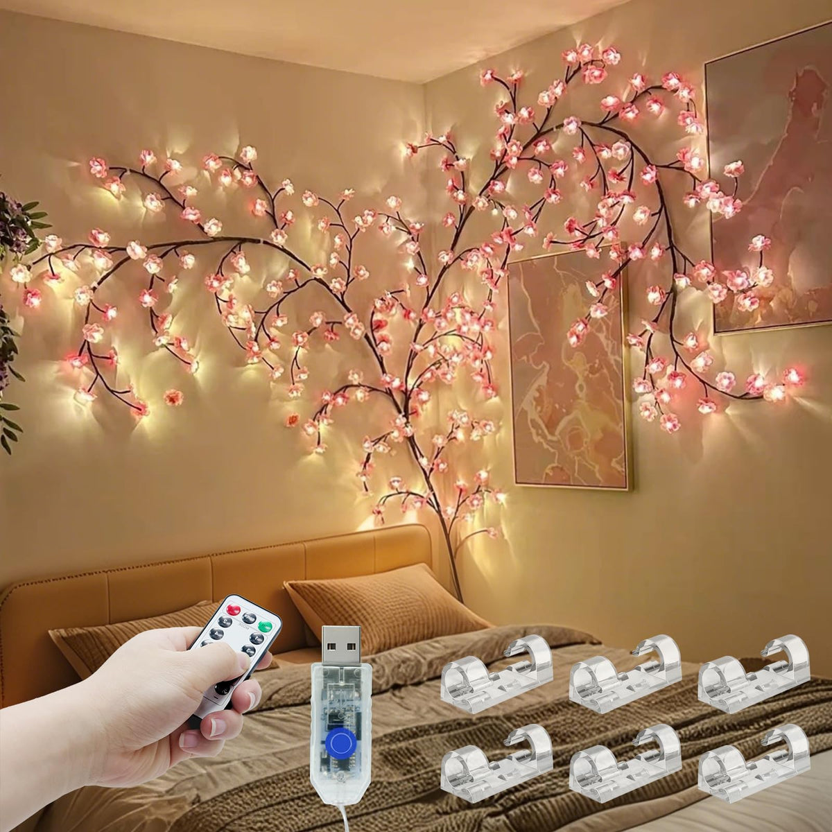 7.55FT 144LED Pink Cherry Blossom Tree Branch Lights for Wall Battery Box