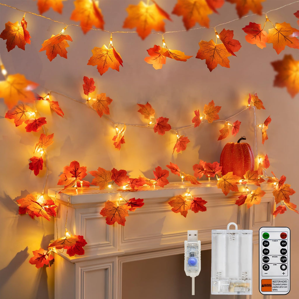 suddus 20 LED Fall Leaves Garland with Lights Battery Operated Timer Yellow