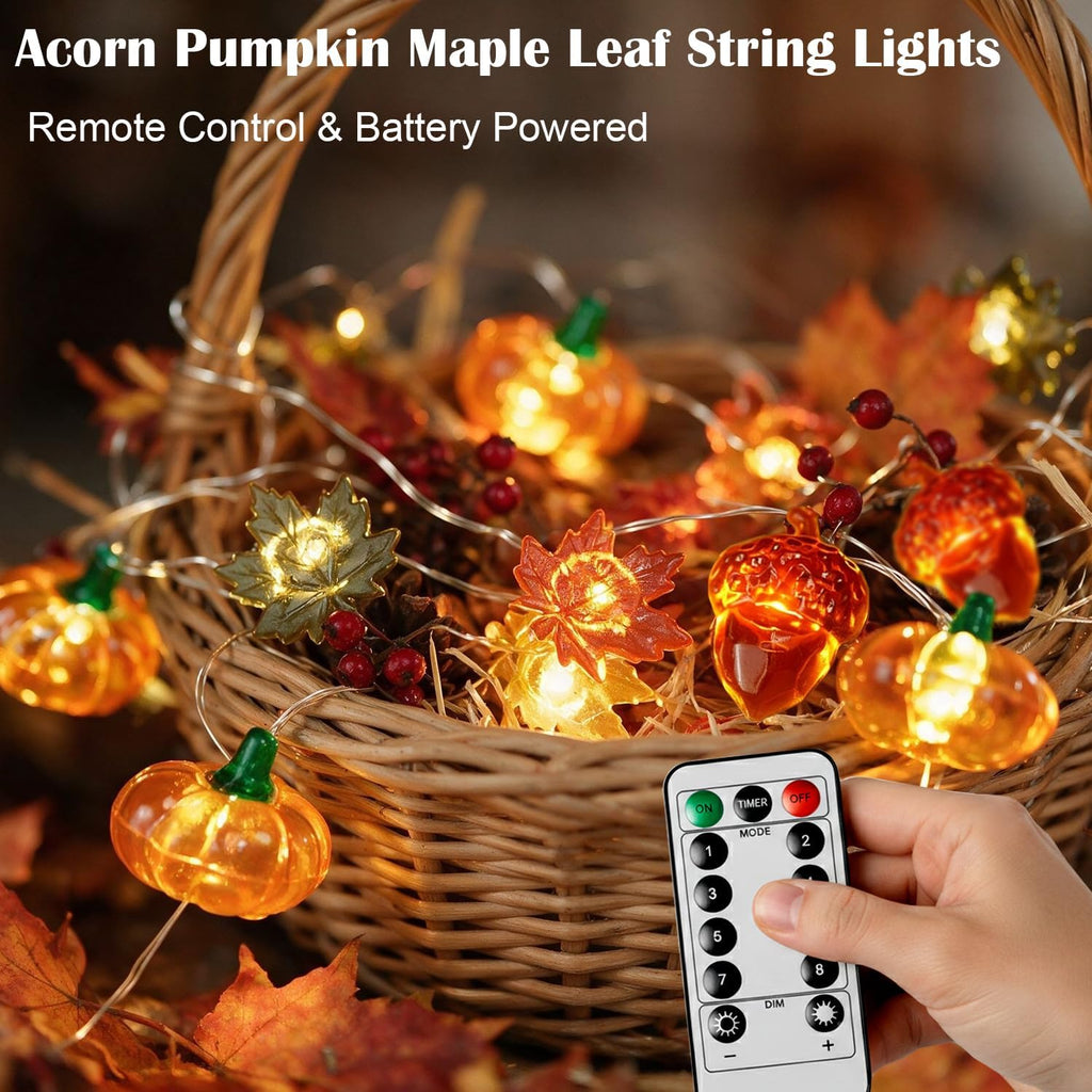 BOHON Thanksgiving Decoration 30 LEDs Acorn 3D Pumpkin Leaf String Lights