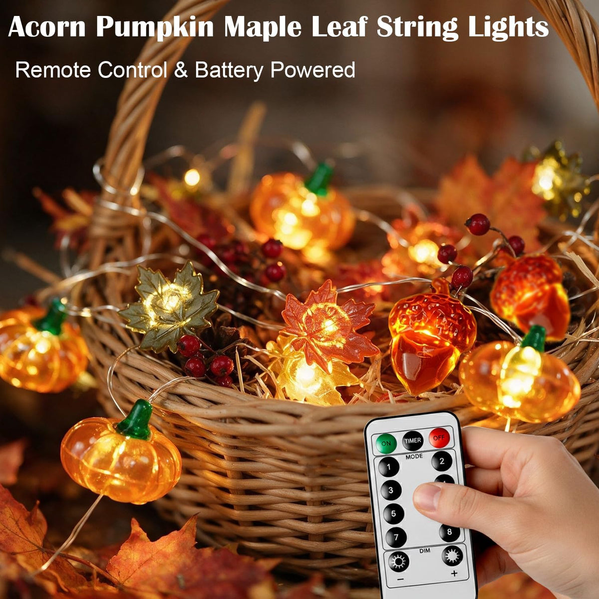 BOHON Thanksgiving Decoration 30 LEDs Acorn 3D Pumpkin Leaf String Lights