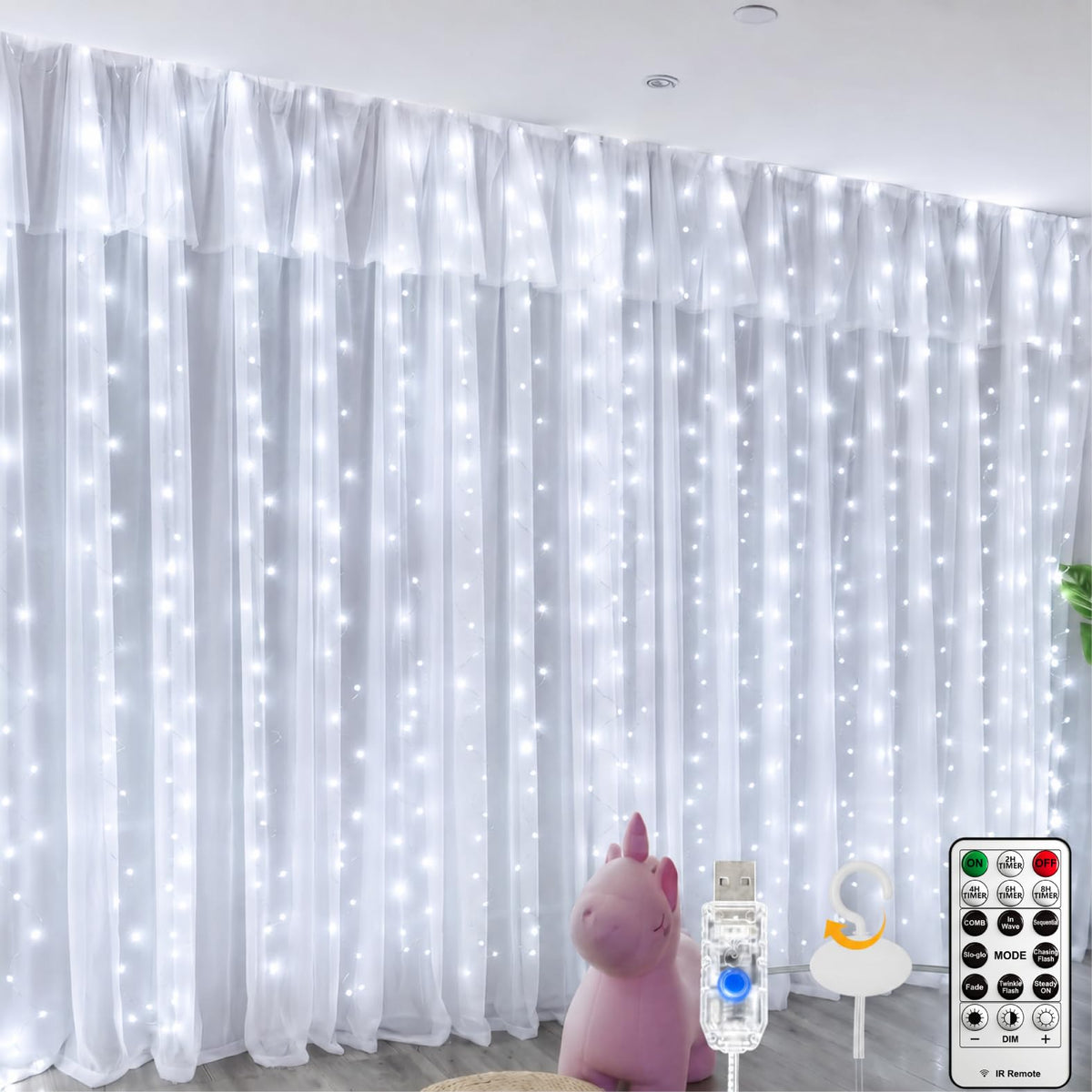 Fairy Curtain Light, 300LED 9.8x9.8ft, Remote & 8 Modes, USB
