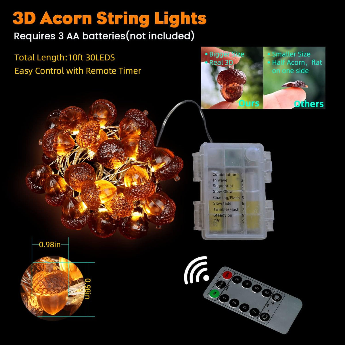 3D Twinkle Acorn Fall Decorations Harvest String Lights 10ft Copper Wire 30 LEDs Battery Powered with Timer Remote Control for Wedding Bedroom Fireplace Mantel Ice Age Ornaments Home Decor