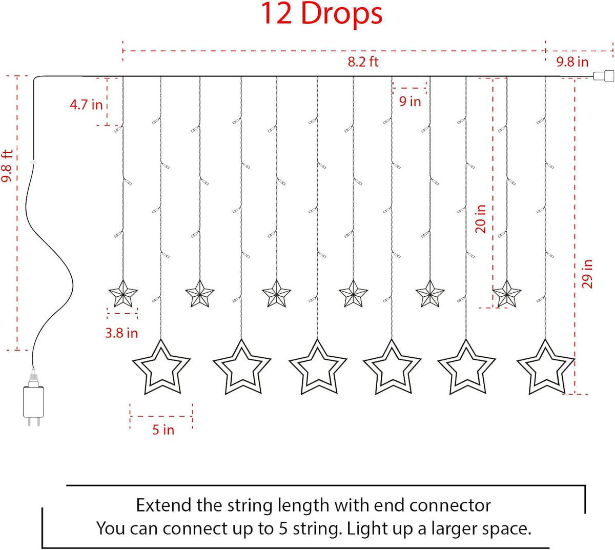 Star Curtain Lights for Bedroom - Plug-in 9ft 138 LED Fairy Twinkle Lights with 12 Star Drops, Connectable Window Lights with Remote 8 Lighting Modes for Indoor Xmas Ramadan Decoration, Warm White