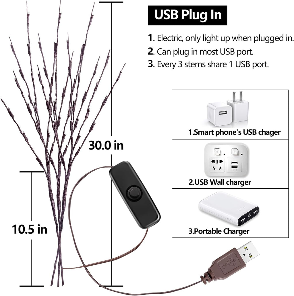 3Pack 30"Twig Lights, USB Plug in Branches Lights, 60 Led Bulbs, Warm White
