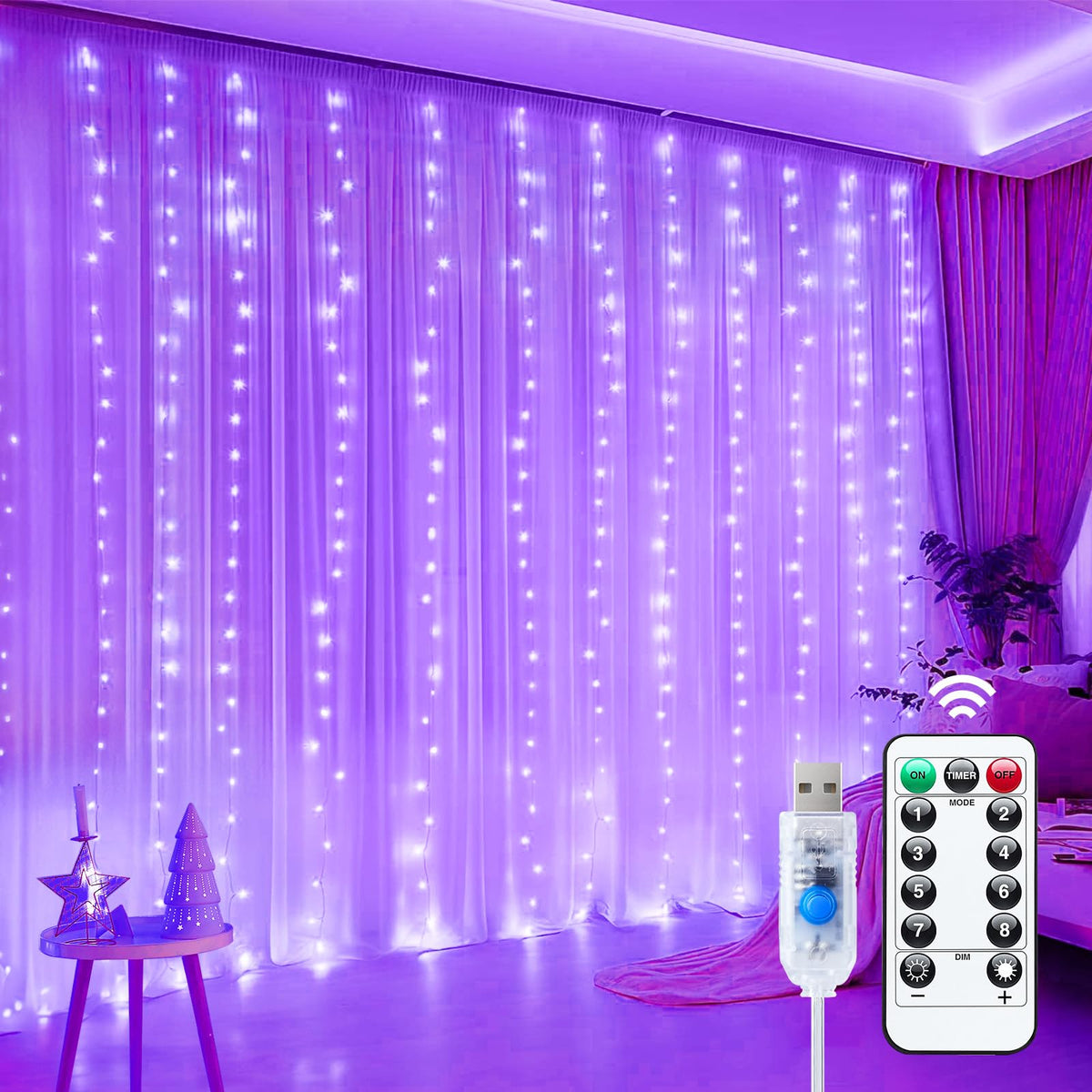Minetom Curtain Lights, 300 LED Dimmable Twinkle Fairy Lights, 8 Modes