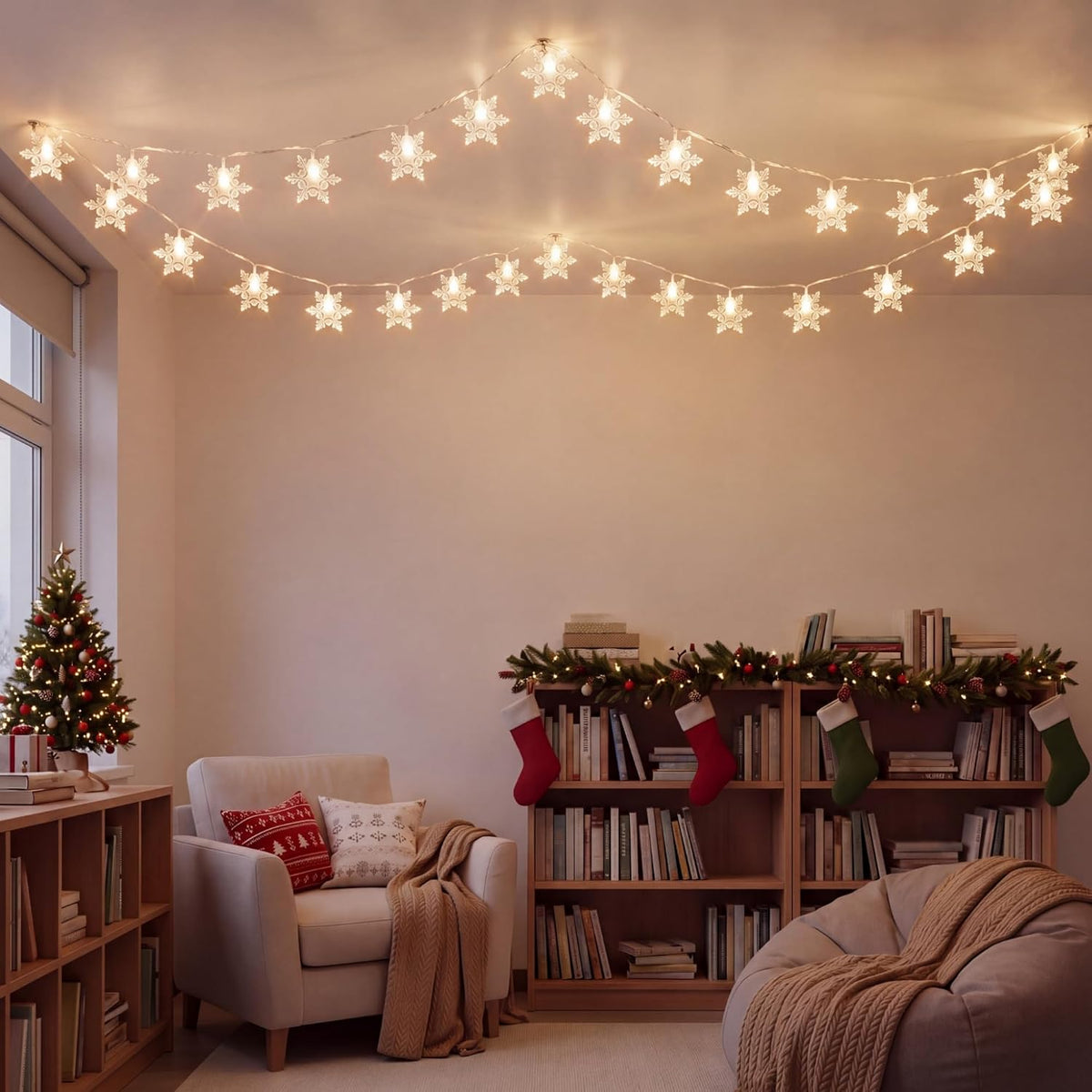 Tuanse 40ft 80 Christmas Snowflake LED Hanging String Lights for Classroom