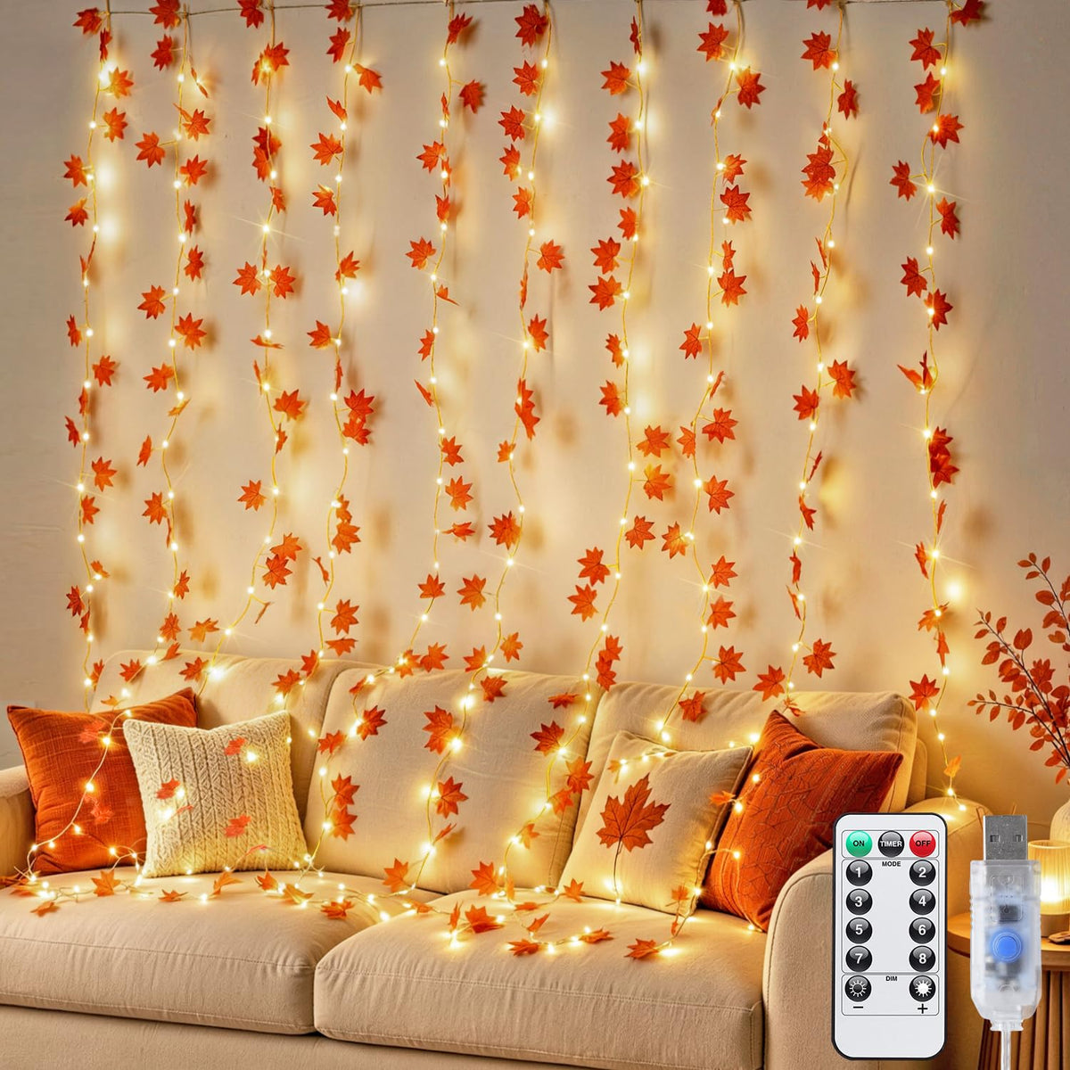 JMEXSUSS Maple Leaf Curtain Lights, 200 LED Fall Garland with Fairy Lights
