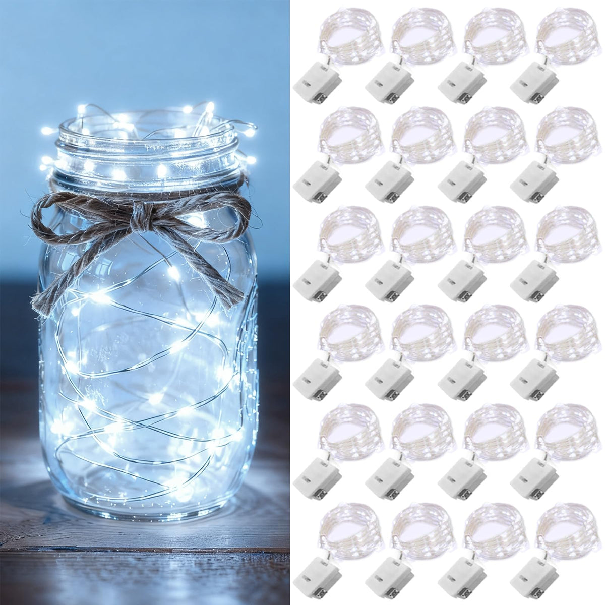 24 Pack Fairy Lights Battery Operated [3 Modes] 7ft 20 LED Mini Twinkle String Lights Waterproof Silver Wire Firefly Starry Lights for Wedding Party Mason Jars Christmas Decorations, Warm White