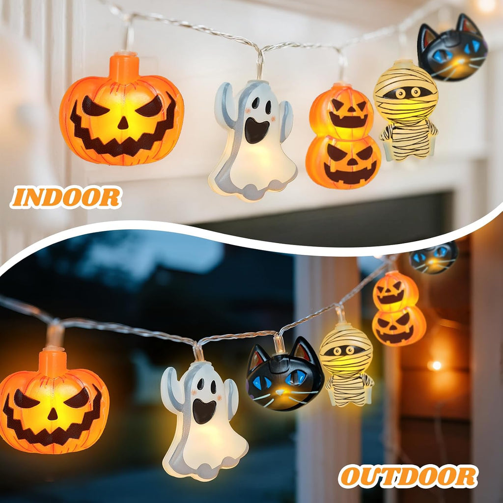 Halloween String Lights Indoor: 9.84 FT 20 LED Battery Operated Pumpkin Ghost Cat Lighted Decorations – 8 Modes Waterproof Timer for Window Porch House Room Bedroom Party Decor