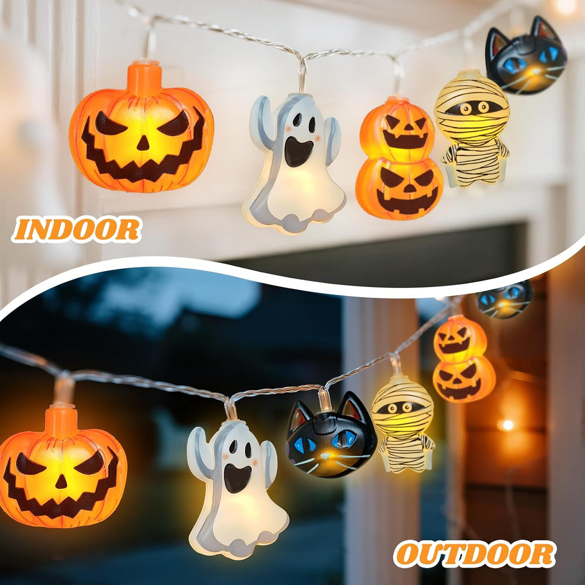 Halloween String Lights Indoor: 9.84 FT 20 LED Battery Operated Pumpkin Ghost Cat Lighted Decorations – 8 Modes Waterproof Timer for Window Porch House Room Bedroom Party Decor