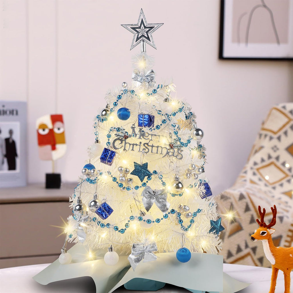 Juegoal 24 Inch Mini Christmas Tree Set, Table Top Artificial Christmas Trees with 50 LED Lights, Ornaments and Red Berries, Best DIY Christmas Decorations